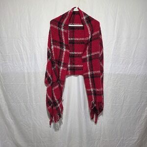 Simonetta Red Plaid Boucle Knit Scarf Oversized Wrap Fringed Tartan Red Black